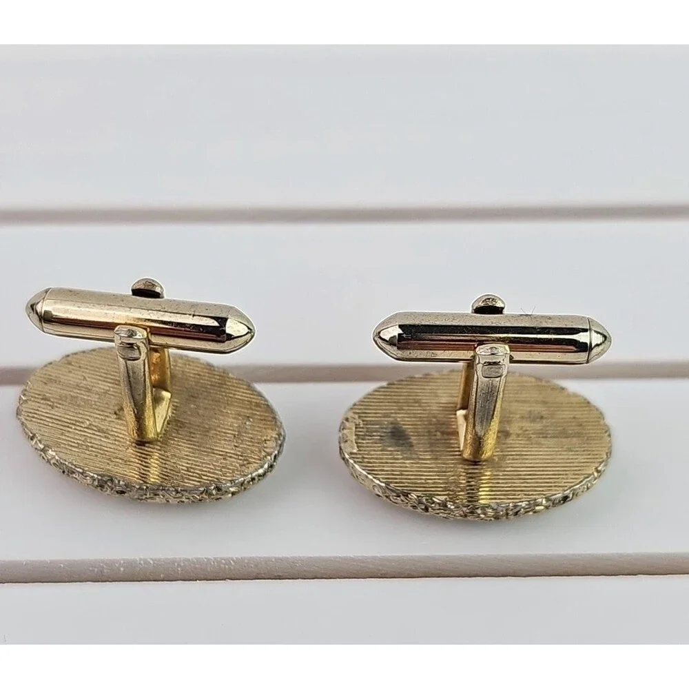 Vintage Cufflinks Gold Tone Filigree Black Foil Red Etched Ovals Unisex 4 Sets